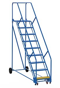 Vestil Lad-9-21-G-Ez Steel Rolling Warehouse Ladder 50 Degree 9 Grip Strut 23-9/16" Step Width 350 Lb. Capacity, Blue