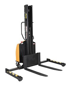 Vestil Slnm15-63-Aa Steel Narrow Mast Stacker Dc Powered 63" Raised Height Adjustable Forks And Support Legs 1,500 Lb. Capacity, Yellow