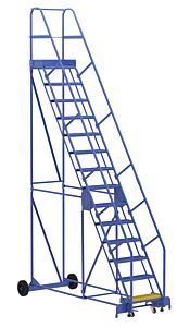 Vestil Lad-14-14-G Steel Rolling Warehouse Ladder 58 Degree 14 Grip Strut 23-9/16" Step Width 350 Lb. Capacity, Blue