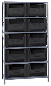 Quantum Qsbu-700Bk Steel Shelving Unit With Open Hopper Style Bins, 16"D-6 Shelf, 10 Qgh700 Black Bins