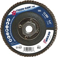 Weiler 51167 Tiger Paw? Super High Density Flap Disc, 4-1/2 In Dia, 80 Grit, 5/8 In-11 Arbor, 12000 Rpm, Type 27 Flat