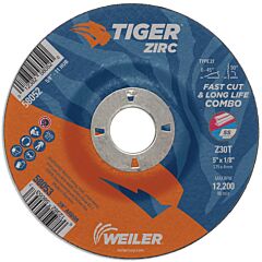 Weiler 58053 Tiger? Zirc Type 27 Cut/Grind Combo Wheel, 5 In Dia X 1/8 In Thick, 7/8 In Dia Arbor, Z30T