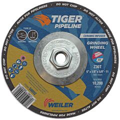 Weiler 58092 Tiger? Pipeliner Grinding Wheel, 6 In Dia X 1/8 In Thick X 5/8 In-11 Hub, Z30T, Type 27