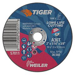 Weiler 57011 Tiger? Ao Cutting Wheel, 2 In Dia X 1/16 In Thick, 3/8 In Arbor, A36T, Type 1
